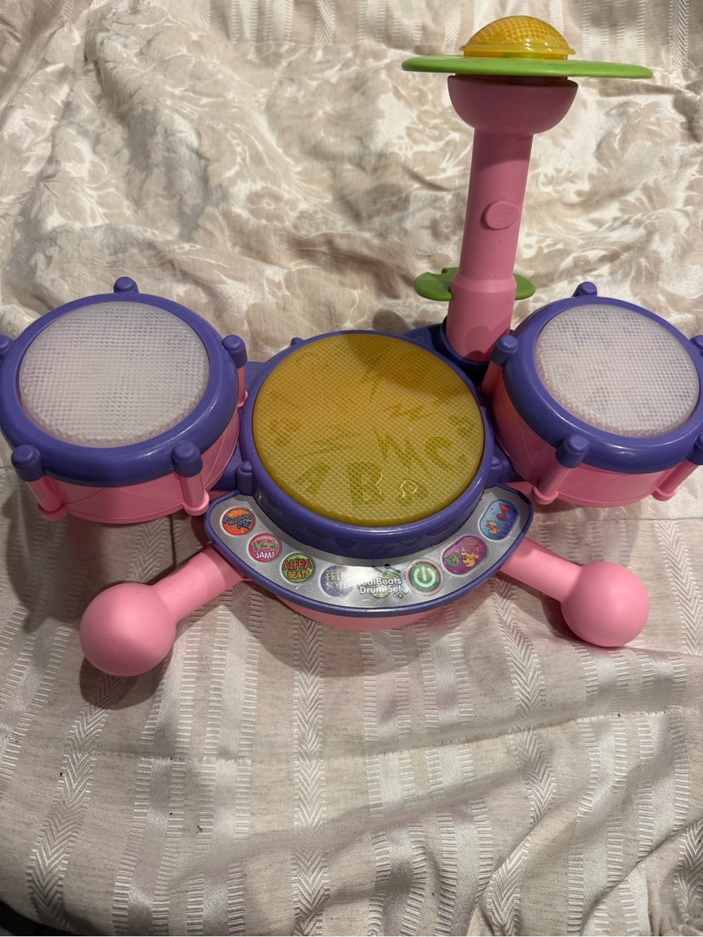 Kids Pink and Purple Electronic Drum Set with Yellow Cymbal